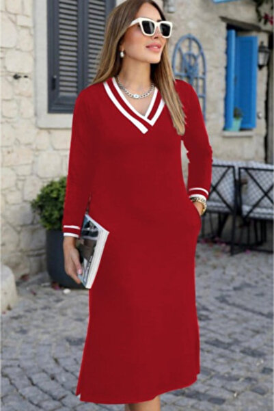 Nnstartshopping Women's Long Sleeve V Neck Side Slit Two Thread Midi Dress