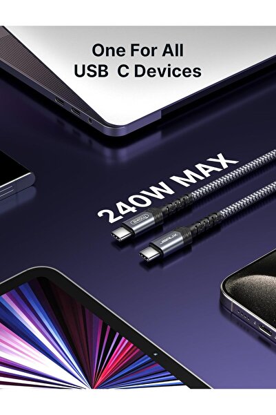 jsaux 240W USB-C to USB-C Cable, 2m — Fast Charging (Gray Pixel)