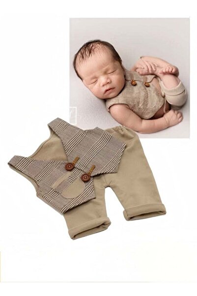 fun zone Generic 2-Piece Newborn Plaid Photography Suit - Vest & Pants (Brown, 3-6 Months)