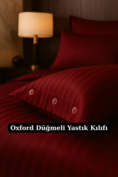 Morlay Premium %100 Pamuk Saten Oxford Düğmeli Çift Kişilik Çizgili Saten Nevresim Takımı