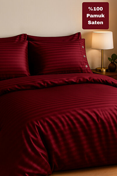 Morlay Premium %100 Pamuk Saten Oxford Düğmeli Çift Kişilik Çizgili Saten Nevresim Takımı