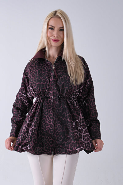 Feminist Yaka Garnili Leopar Desenli Beli Lastikli Trenç Bordo 5309347