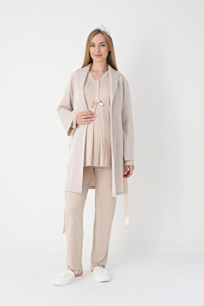 Lohussa Kadın Bej Jakarlı Şal Yaka Dantelli Kışlık Özel Tasarım Lohusa Hamile Sabahlık Pijama Takımı Seti