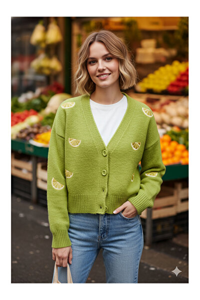 Namaste Vintage Green Color Lemon Embroidery V-Neck Knitwear Cardigan