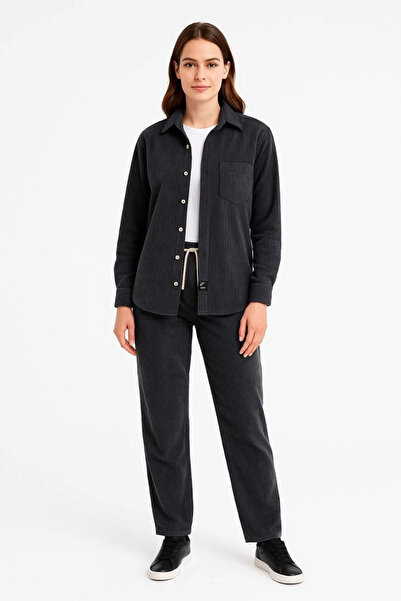 hibiscus Women's Corduroy Oversized Piece Set – Shirt and Pants Two-Piece Set Smoked Corduroy Elegance, Stay Comfortable and Elegant