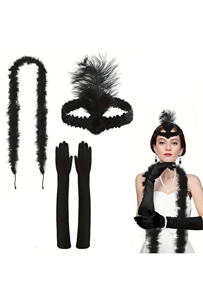 Beldekstore 1920 ler Tarzı Siyah Tüylü Saç Bandı Rugan Siyah Eldiven ve Siyah Otriş Seti