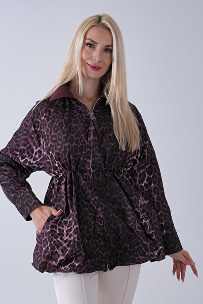 Feminist Yaka Garnili Leopar Desenli Beli Lastikli Trenç Bordo 5309347