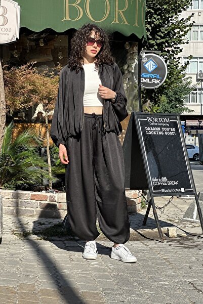 CurcunaShop Kadın Yarasa Kol Fermuarlı Saten Bomber Ceket