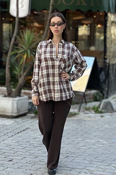CurcunaShop Women's Six Cut Slit Checkered Shirt