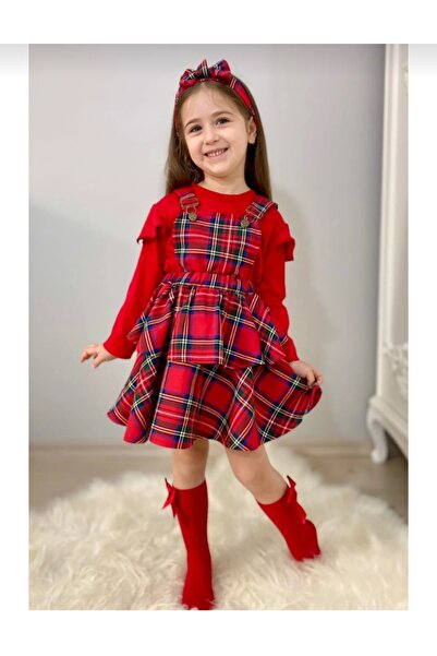 ALARAÇOCUKKIDS Kırmızı Ekose Salopet Elbise
