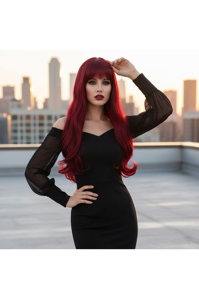 Marsilyan Kahküllü Uzun Dalgalı Fiber Sentetik Peruk - Kızıl