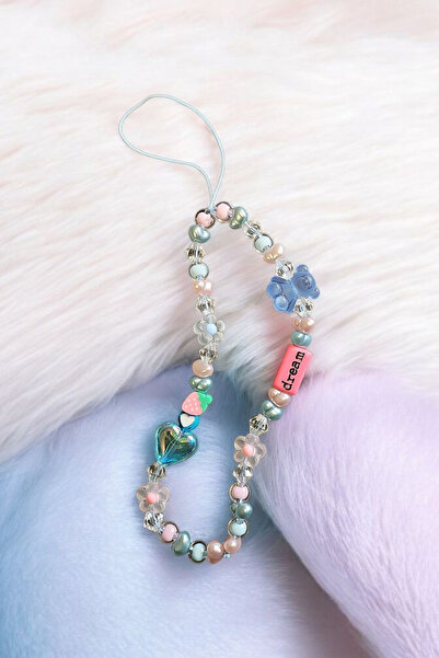 Brenida Blue Transparent Matte Teddy Bear and Heart Beaded Phone Charm
