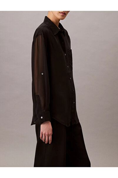 Calvin Klein Women's Regular Fit Sleeves Tulle Detailed Black Shirt Lv044B902G-Ub1