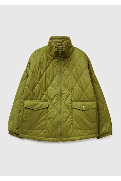 United Colors of Benetton Women's khaki green zippered pocket Mock Neck quilted jacket