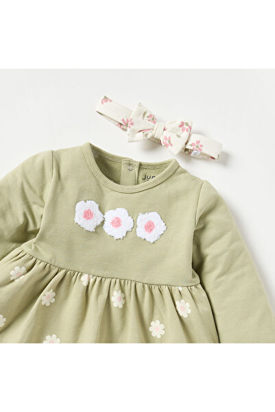 Juniors Floral Print A-line Dress with Long Sleeves and Headband