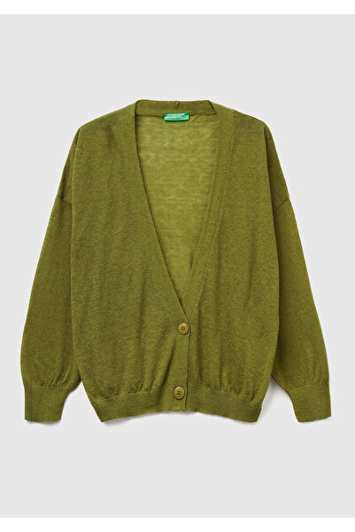 United Colors of Benetton Women's khaki green alpaca and wool blend ribbed button cardigan
