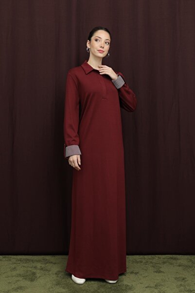 Puane Women's Polo Neck Dress with Hidden Placket - 12652Elb - Burgundy
