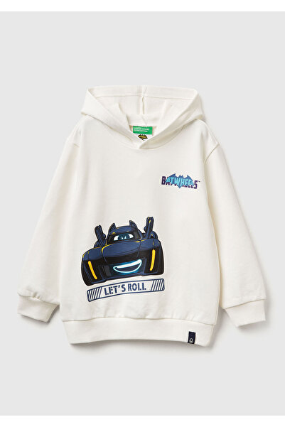 United Colors of Benetton Boy's ecru batwheels Printed ribbed sweatshirt with logo label Hooded