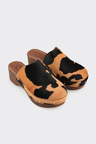 Elle Shoes Bej Hayvan Desenli Deri Kadın Terlik