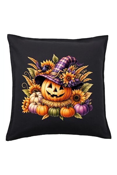 OEM Față de pernă Halloween cu dovleac, pălărie și flori – neagră 50x50 cm (f...