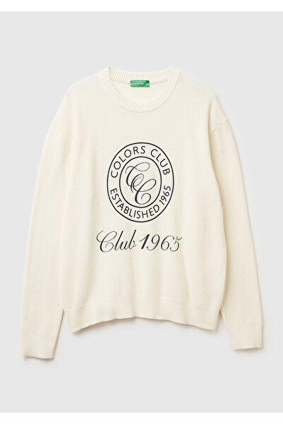 United Colors of Benetton Men's cream 100% cotton crew neck relaxed fit sweater