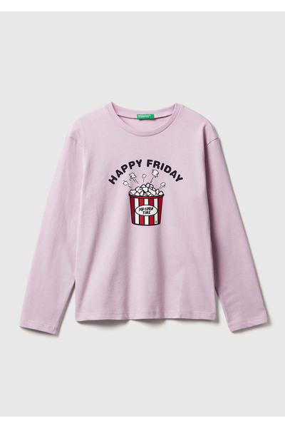 United Colors of Benetton Κοριτσίστικο μπλουζάκι λιλά με με τύπωμα ραβδώσεις ...