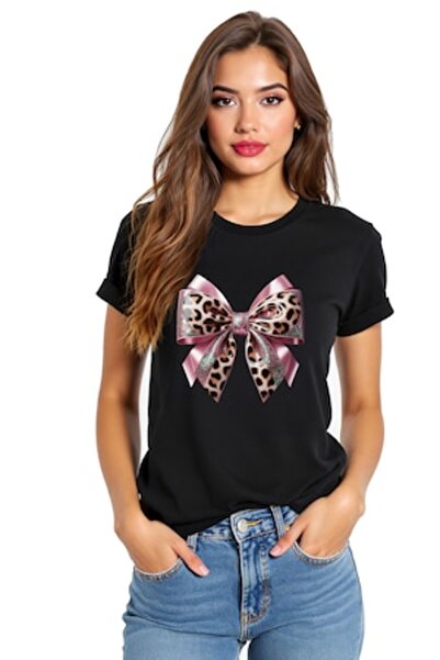 OEM - Tricou de damă din bumbac cu imprimeu roz cu fundă leopard, mărimea L