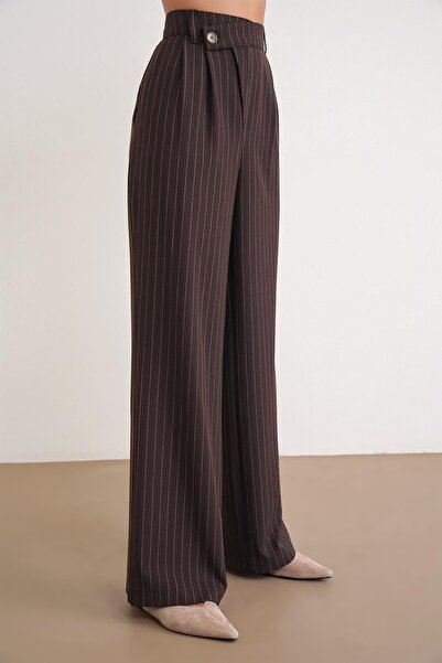 Mixray 4754 Women's Striped Cross Waist Pants Brown