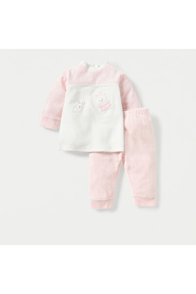 Juniors Teddy and Mouse Applique Long Sleeves Velour Sweatshirt and Pyjama Set