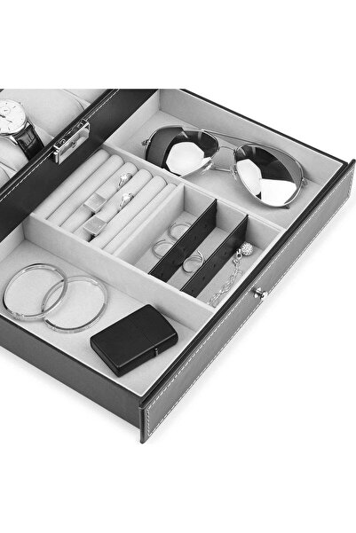 PADOM Watch Box with Glass Lid, 12-Slot PU Leather 2-Layer Watch Organizer wi...