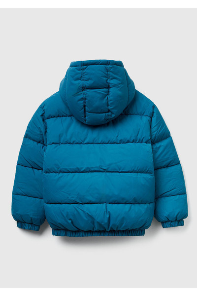 United Colors of Benetton Erkek Çocuk Petrol Mavisi Logo Detaylı Fermuarlı Kapüşonlu Dolgulu Mont