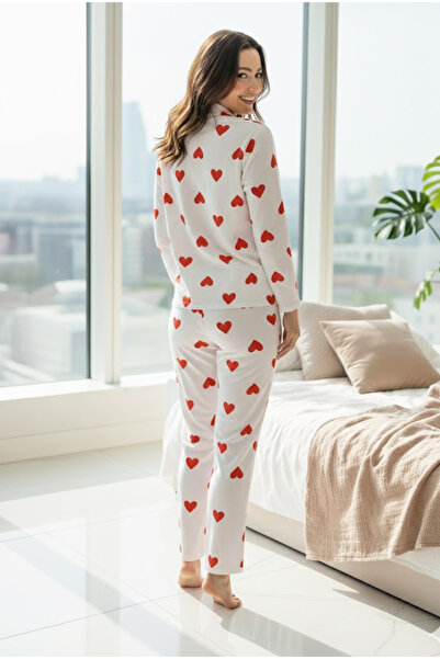 Siyah İnci Set de pijamale din bumbac cu din material subțire nasturi cu model de inimă alb și roșu