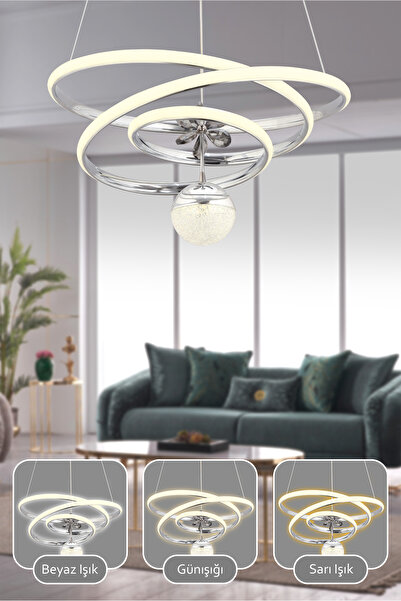Dekorluna Mero 3 Renk Işık Özellikli Modern Krom Kaplama Sarkıt Led Avize Salon Avize
