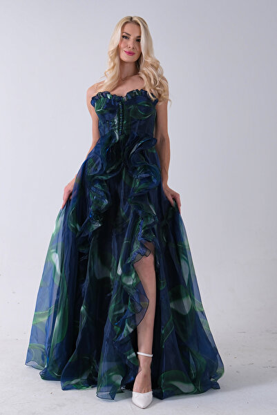 Feminist Straplez Yaka Önü Düğme Detaylı Desenli Fırfırlı Abiye Lacivert 9705680