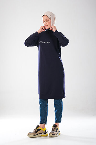 Plistre 2290_Women's Hijab Sports Tunic Dress - Reflector Printed , Zippered with Mock Neck Pockets, Soft Texture