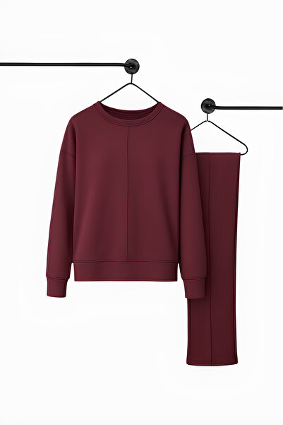 birizmoda Comfortable Fit Wide Leg Modal Fabric Long Sleeve Tracksuit Set - Burgundy