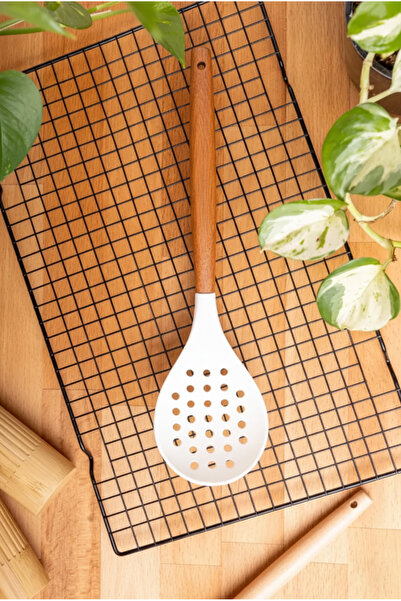 FH finehome مصفاة سيليكون بمقبض من خشب الأكاسيا