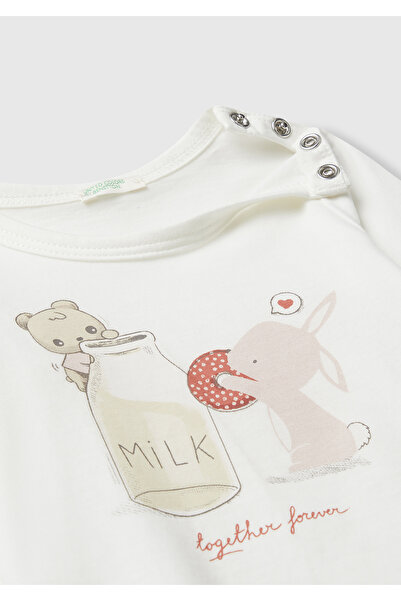 United Colors of Benetton Baby ecru long sleeve t-shirt with Printed hidden buttons on the front