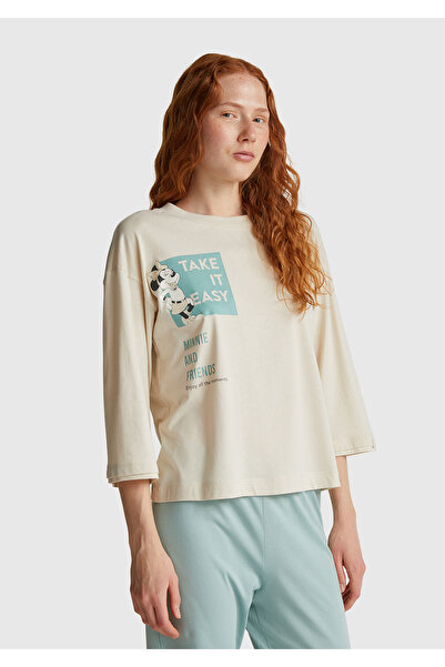 United Colors of Benetton Top de pijama cu mâneci scurte Disney cu imprimeu pentru femei, amestec de bumbac crem