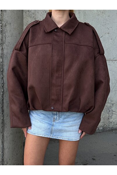 sportiness Oversized Suede Fabric Jacket with Epaulet Detail