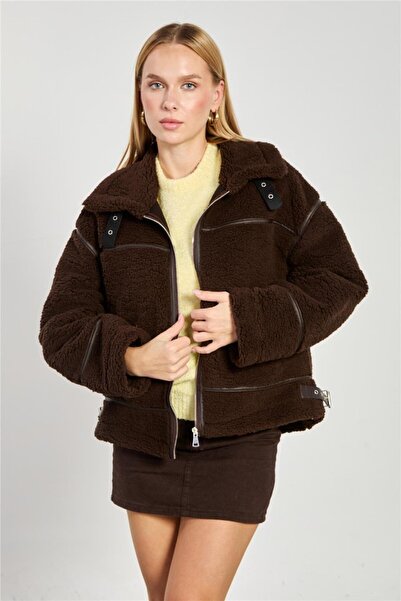 BARRELS AND OIL Women's Welsoft Leather Detailed Coat - Brown