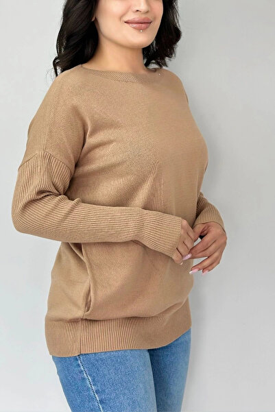 Bİ.GİYSEN Women's Mink Crew Neck Side Pocket L Stretch Fabric Soft Textured T...