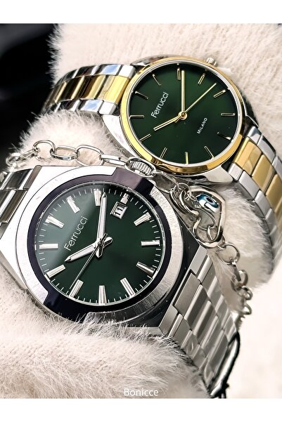 Ferrucci Couple Watches, Green Silver Color Steel Band, Gift in Separate Boxes with Bracelet Gift