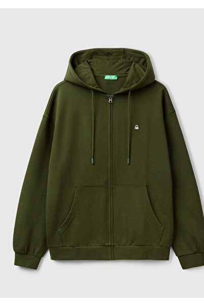 United Colors of Benetton Мъжка каки зелена 100% памучна блуза с качулка и цип, с тясна кройка