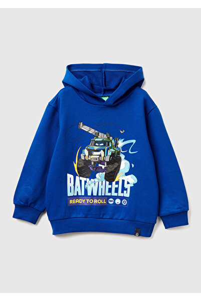 United Colors of Benetton سويت شيرت مضلع بغطاء رأس للأولاد أزرق بلون الكوبالت...