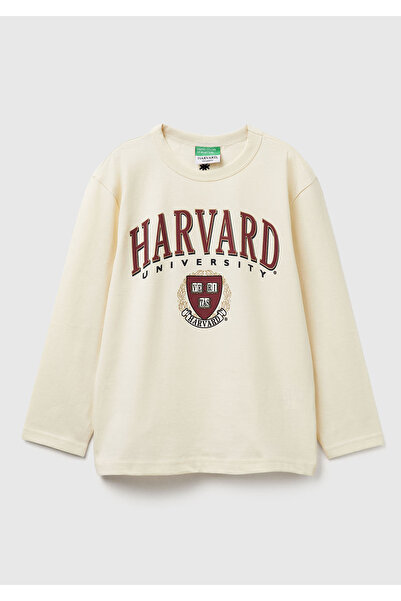 United Colors of Benetton Μακρυμάνικο μπλουζάκι για αγόρια με κρεμ μπροστινό μέρος Harvard με τύπωμα και κεντημένο λογότυπο στο πίσω μέρος