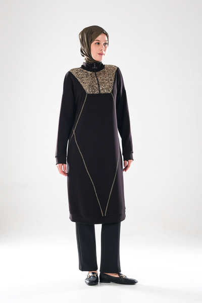 Plistre 2287_Women's Zippered Mock Neck Piece Long Sleeve Hijab Tunic Dress - Gold Sequins and Stitching Detail
