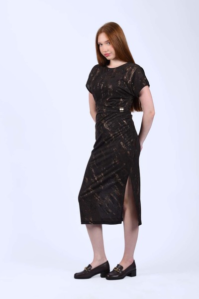 la luce Kahve Drapeli Midi Elbise - QE380