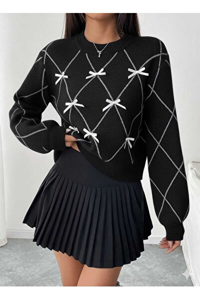 SAYZEN Tricot Sweater with Baklava Patterned Ribbon/Bow Detail