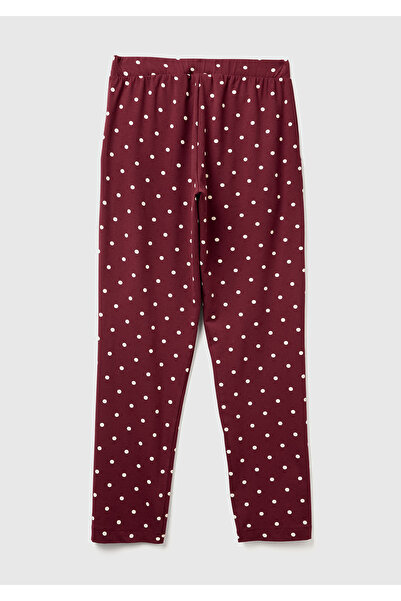 United Colors of Benetton Women's Burgundy Cotton Blend Polka Dot Pajama Bottoms with Pockets and Logo